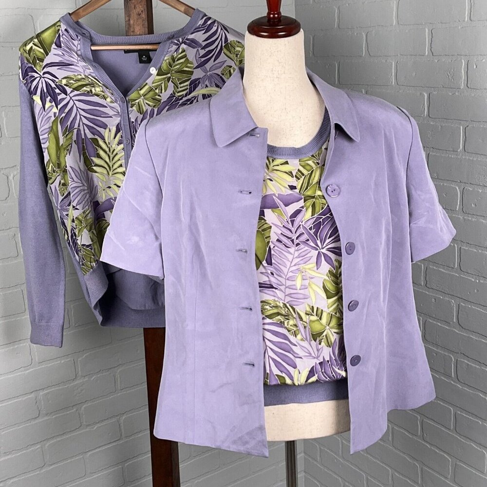 Josephine Chaus 3Pc Set‎ Women Medium Purple Floral Jacket Cardigan Top Silk